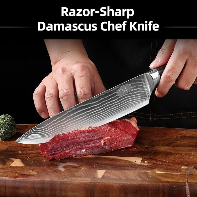 Damascus Chef Knife, 8-Inch Kitchen Knives with 9Cr18MoV Steel Core, Japanese Chef Knife with Durable Wood Handle - Professional Razor Sharp Cooking Chef Knife for Kitchen with Gift Box