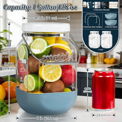 2 Pack Square Glass Containers with Airtight Lids, Wide Mouth Mason Jars, 1 Gallon Glass Jar With Handle & Non-slip Base & Scale Mark, 128 Oz Pantry Storage Canisters for Flour, Rice, Pickle