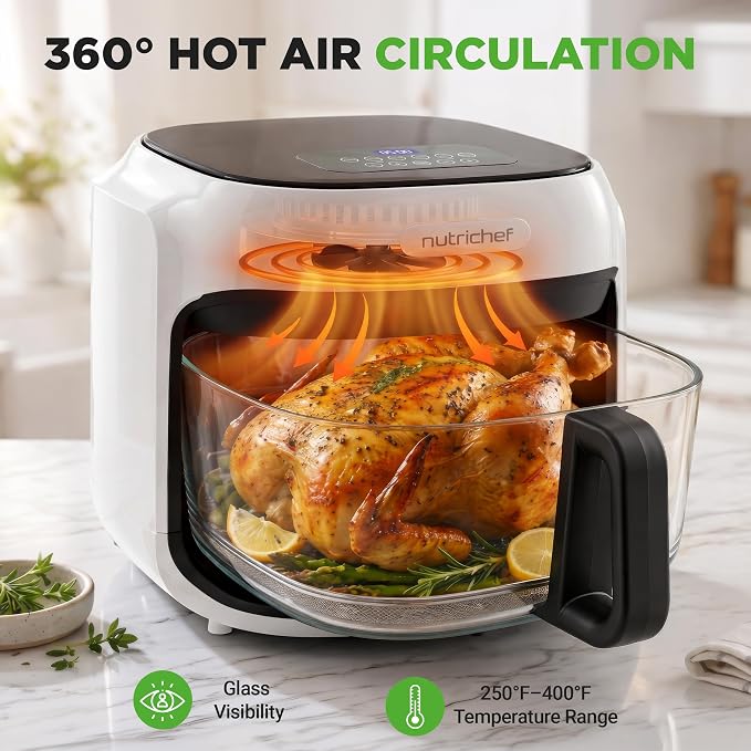 NutriChef Family Size 7.5 Quart Air Fryer | 6 Preset Cooking Modes | Glass Fry Bowl for Best Cooking | 360° Air Circulation | Cook Veggies, Steak, Fries, Seafood, Chicken & More | White