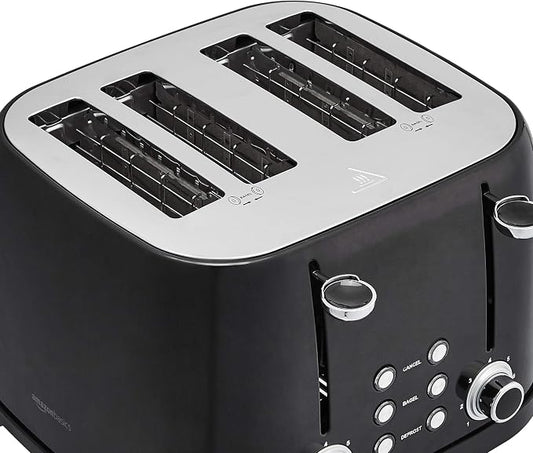 Amazon Basics 4 Slice Toaster with 4 Slots, 6 Browning Settings, Defrost, Removable Crumb Tray, Bagel Function, Cancel Button, 1600W, Black