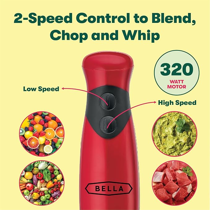 BELLA 2-Speed Hand Immersion Blender with Whisk Attachment, 250 Watt, Red, Immersion Blender with Dishwasher Safe Whisk & Blending Attachments for Food Prep (14460)