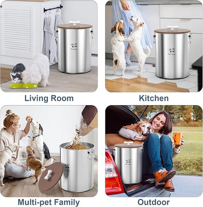 Paw Libero 25 Lbs Stainless Steel Dog Food Storage Container with Airtight Wooden Lid & Ceramic Bone Handle, Large Metal Dog Food Bin for Dogs & Cats, Keep Fresh, Easy to Clean