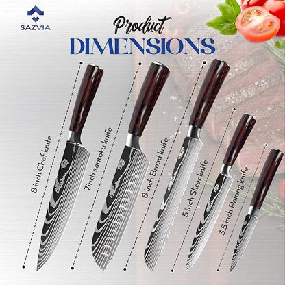 Kitchen Knife Set of 5, Ultra Sharp Knife Set with Pakkawood Handle, High Carbon Stainless Steel Knives Set for Kitchen