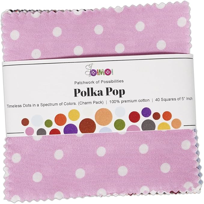 Soimoi 40Pcs 5" x 5" DIY Cotton Fabric Squares, 5" Layer Cake Fabric, Squares Patchwork, Pre-Cut Quilt Charm Pack, DIY Sewing Quarters Bundle, Quilting Bundles - Polka Pop