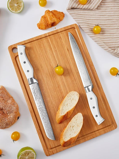 Knife Set, D.Perlla 15 Pieces Kitchen Knife Set with Built-in Sharpener, High Carbon Stainless Steel Kitchen Knife Block Set with Unique Waved Pattern, Non-slip Handle, White