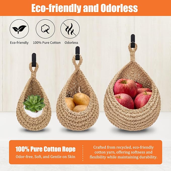 Hanging Fruit Baskets for Kitchen, 3 Pack Boho Hanging Wall Basket with 6 Pcs Strong Hooks, Teardrop Storage Baskets for Fruits, Vegetables, Onion - Decorative Organizing Wall Baskets for Home