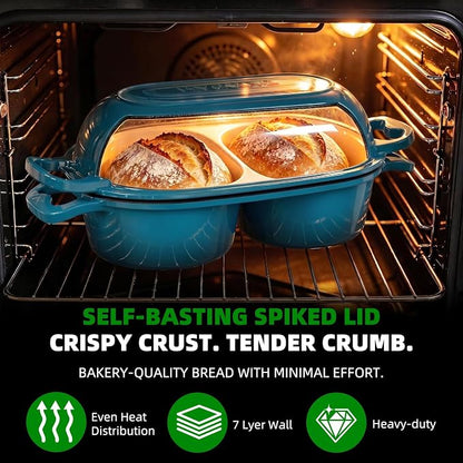 Enameled Cast Iron Double Round Bread Loaf Pot with Lid – 16cm Diameter Mini Dutch Oven for Sourdough Bread Baking, 500°F Oven Safe Non Stick Bread Pan, Double Dutch Oven for Meatloaf, Cake, Even Heating – Emerald