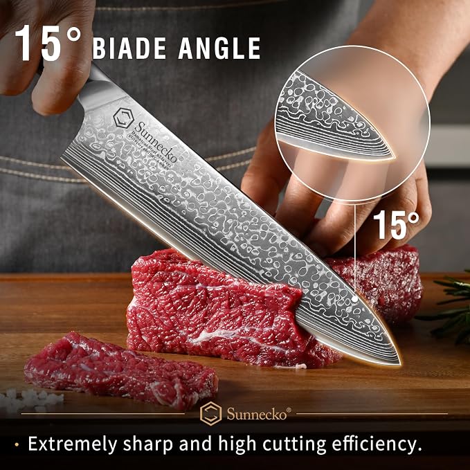 Sunnecko Damascus Knife Set with Block,67-Layer Damascus Steel Kitchen Knife Set with VG-10 Core,Full Tang 7 PCS Japanese Chef Knives with 15° Precision Edge,Professional Chef Knife Set for Kitchen