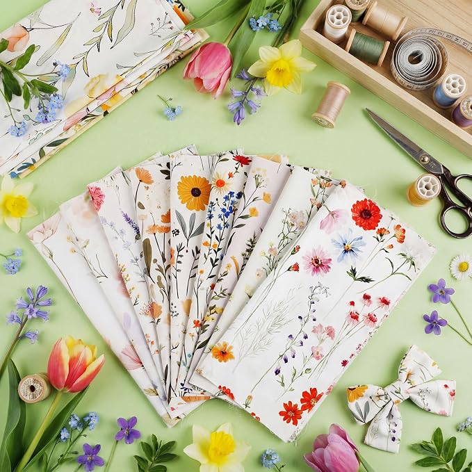 Tatuo 30 Pieces 10 x 10 Inches Summer Wildflower Cotton Fabric Bundle Squares Patchwork Floral Fabric Sewing Quilting Bundles Assorted Pattern Cloth for DIY Scrapbook Craft Making