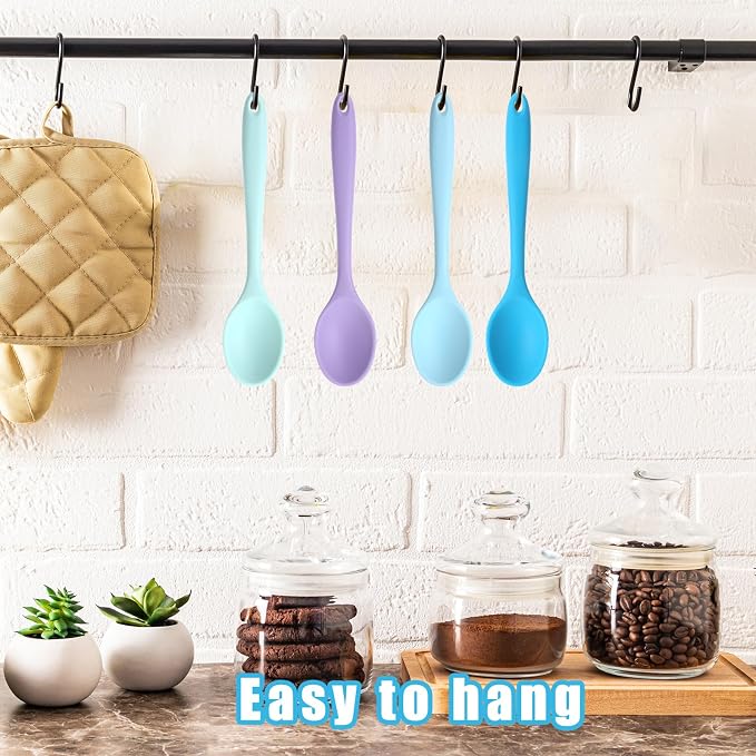 4 Pieces Small Silicone Spoons Multicolored Nonstick Kitchen Spoons Silicone Mixing Spoon for Cooking Heat Resistant Tea Spoon for Kitchen Cooking Baking Serving (Blue Light Blue Purple Cyan)