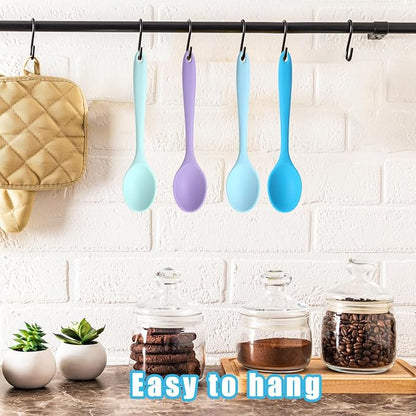 4 Pieces Small Silicone Spoons Multicolored Nonstick Kitchen Spoons Silicone Mixing Spoon for Cooking Heat Resistant Tea Spoon for Kitchen Cooking Baking Serving (Blue Light Blue Purple Cyan)