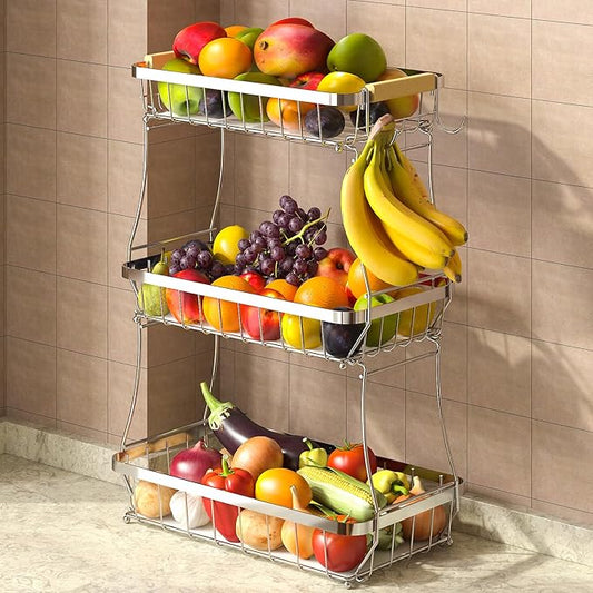 Sevenblue 2 Tier Large Fruit Basket for Kitchen Counter with 2 Mobile Banana Hangers, 2026 Pro Detachable Metal Fruit Bowl with Wooden Handle (Silver, 3 Tier)