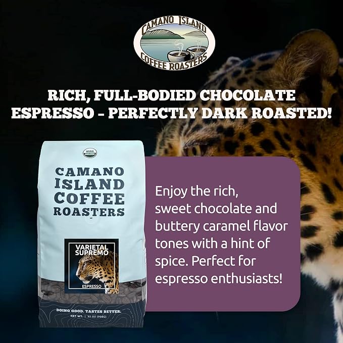 Camano Island Coffee Roasters Varietal Supremo Espresso Blend, Ground 2lb, Fresh Dark Roast, USDA Organic, Fairly Traded, Shade Grown Arabica, Chocolate, Caramel, Hint of Spice Flavor Profile