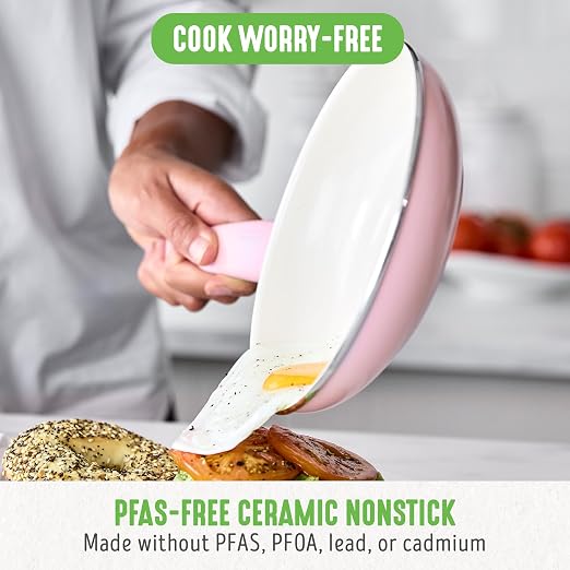 GreenLife Nonstick 8" Frying Pan Skillet, Non-Toxic PFAS-Free Ceramic Nonstick, Dishwasher & Oven Safe, Stay-Cool Handles, Wobble Free, Pink