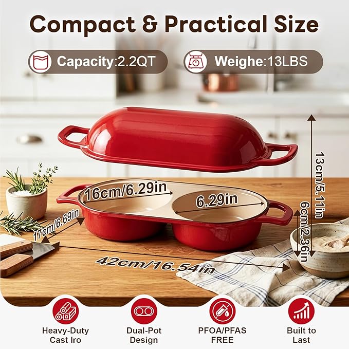 Double Dutch Oven Bread Baker, Cast Iron Sourdough Baking Pan with Lid, Dual Loaf Artisan Bread Cooker, Small Dutch Oven for Bread Baking for Home Kitchen, Professional 500°F Heat Resistant Red Enamel