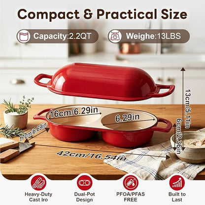 Double Dutch Oven Bread Baker, Cast Iron Sourdough Baking Pan with Lid, Dual Loaf Artisan Bread Cooker, Small Dutch Oven for Bread Baking for Home Kitchen, Professional 500°F Heat Resistant Red Enamel