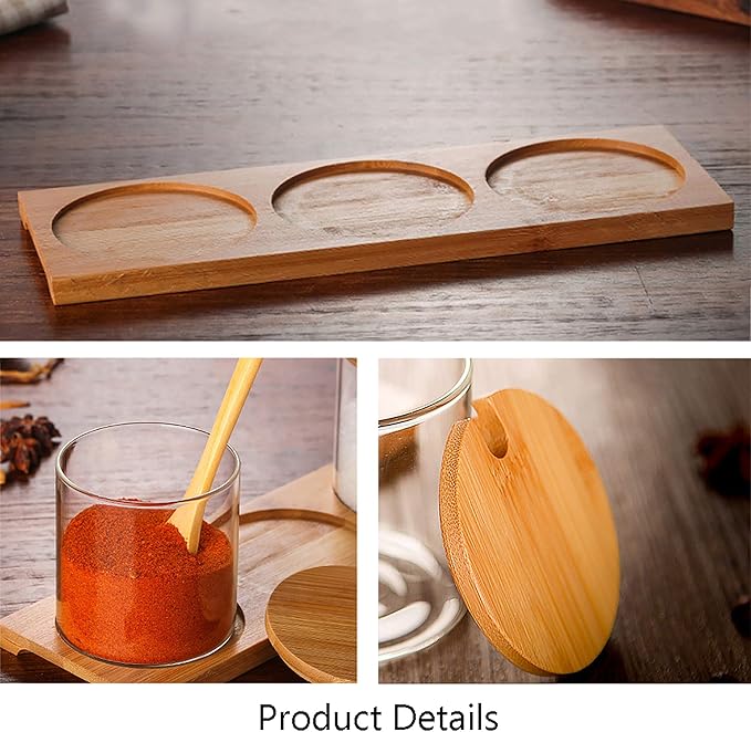 FANTESTICRYAN 3 PCS Stylish Simple Condiment Canisters Pots Set, Decorative Storage Seasoning Glass Container Box with Bamboo Spoon Lid and Base for Home Kitchen café Storing Salt Sugar Pepper Spice