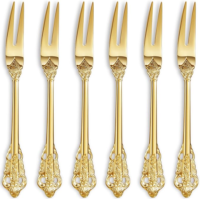 KEAWELL Luxury 6.3" Food Fork/Seafood Forks 18/10 Stainless Steel, Set of 6, Fruit Picks/Cocktail Forks/Charcuterie Accessories/Cocktail Picks for Appetizer, Cocktail, Pastry, Dessert (Gold)