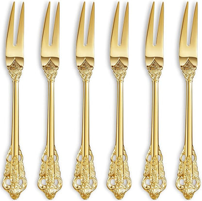KEAWELL Luxury 6.3" Food Fork/Seafood Forks 18/10 Stainless Steel, Set of 6, Fruit Picks/Cocktail Forks/Charcuterie Accessories/Cocktail Picks for Appetizer, Cocktail, Pastry, Dessert (Gold)