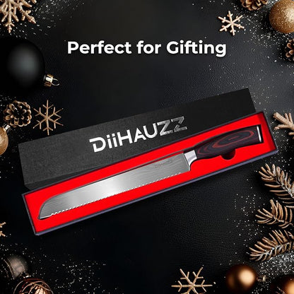 DiiHAUZZ Bread Knife, 10 Inch High Carbon Steel Blade, Pakkawood Handle | Ultra Sharp Serrated Edge, Ergonomic Handle, Roll Forged, Homemade Bread Loaf Bagel Cutter, Sourdough Slicer, Gift Box