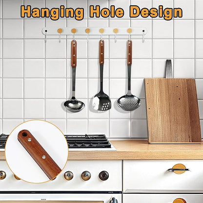 FJNATINH Stainless Steel Wok Spatula,Ladle,Skimmer Ladle Tool Set,Mirror Polished Cooking Utensils with Wooden Handle,Easy to Clean Wok Accessories,Black 3 PCS