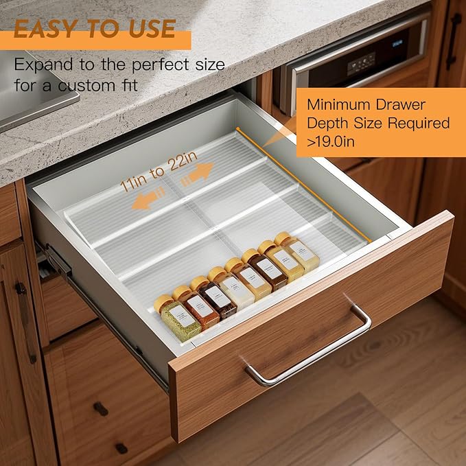 Spice Drawer Organizer, 4 Tier Clear Acrylic Drawer Seasoning Organizer Rack, Kitchen Seasoning Jars Drawers Insert, Expandable 11" to 22" Spice Rack Tray for Cabinet/Countertop (Jars Not Included)