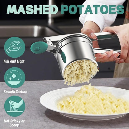 Large 15oz Potato Ricer for Mashed Potatoes, Heavy Duty 18/8 Stainless Steel Potato Masher for Baby Food & Spaetzle Maker, Masher and Ricer Kitchen Tool, Press and Mash Kitchen Gadget, Green