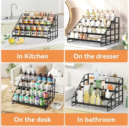 Bunoxea Spice Rack 4 Tier Kitchen Cabinet Organizer,Countertop Spice Rack,Tier Depth Adjustable Cabinet Shelf,Step Spice Organization Easy Visibility,Holds Seasoning and Condiments