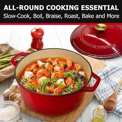 MUELLER HOME 7.5 QT Enameled Cast Iron Dutch Oven, Heavy-Duty Casserole Dish and Braiser Pan with Lid and Stainless Knob, Oven-Safe up to 500° F & Across All Cooktops, Red