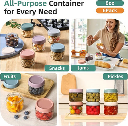 NETANY 6-pack 8oz Glass jars with Airtight Lids, Overnight Oats Containers with Lids, Wide mouth Mason Salad jars, Glass Food Storage Containers for Snacks Yogurt Spice Sugar
