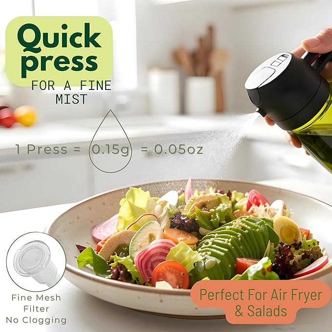 Glass Olive Oil Sprayer for Cooking 16oz/470ml – Dark-Green 2-in-1 Glass Oil Sprayer & Dispenser with 9 Labeled Stickers, Kitchen Gadgets & Air Fryer Accessories, Olive Oil Dispenser – Black