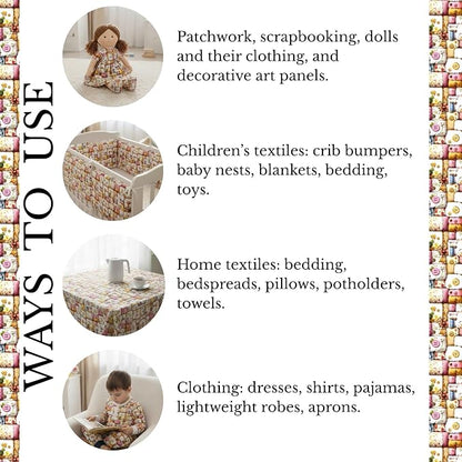 Vintage Sewing Notions Patchwork Cotton Fabric Panel 61 x 36.6 Inches, Buttons & Threads Quilt Print, Soft Pastel Multicolor Tones, 100% Cotton 140 GSM