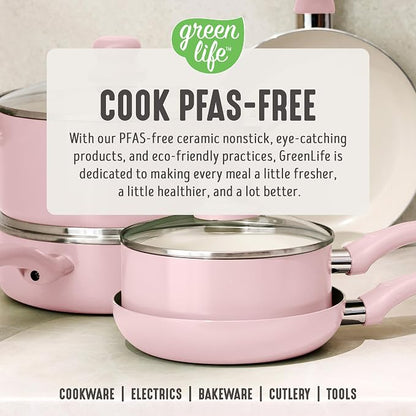 GreenLife 5 Quart Nonstick Stock Pot with Lid, Non-Toxic Ceramic Pot, Dishwasher Safe, Induction Ready, Fast Heating, Stay-Cool Handles, Kitchen Casserole, Soup, Pasta, Easy Clean, Blush Pink