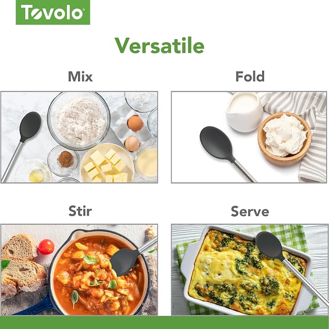 Tovolo Mixing Spoon Stainless Steel Handle Scratch Resistant Non Stick Safe Kitchen Utensil for Cooking Baking Serving Stirring, Heat Resistant Silicone Stirring Spoon with Metal Handle Charcoal Gray