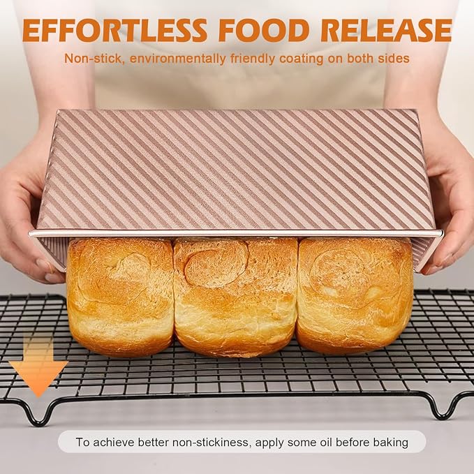 3Pack Pullman Loaf Pans with Lids – 2.2 LB & 1 LB & 1 LB Dough Capacity, Non-Stick Carbon Steel Bread Pans for Homemade Sandwich and Sourdough Bread, Corrugated Toast Mold