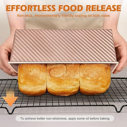 Pullman Loaf Pan with Lid, Non-Stick Carbon Steel Bread Pan for Homemade Sandwich & Sourdough Bread, 1lb Dough Capacity, Corrugated Toast Box Mold, Gold