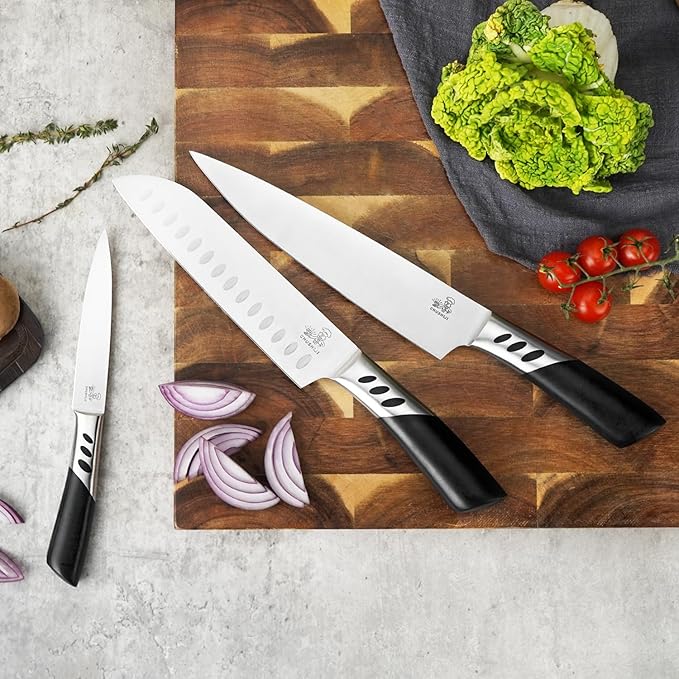 CHUSHIJI Kitchen Knife Set 3 Piece | Professional Chef Knife Set with 8" Chef Knife, 7" Santoku Knife, 5" Utility Knife | High Carbon Stainless Steel Sharp Kitchen Knives for Home Cooking & Gifting