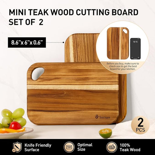 2 Pack Small Teak Wood Cutting Board for Kitchen 8.6" x 6" Mini Wooden Charcuterie Boards Lightweight Chopping Board Non Toxic Serving Board Tiny Chef Set Camping Fruit Lemon Sandwich Cheese Board