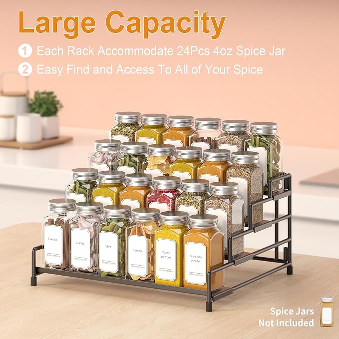 RUILALIFE 4-Tier-Spice-Rack-Organizer-for-Cabinet, Adjustable Depth Spice Holder Shelf For Countertop Pantry Cupboard, Metal Tiered Seasoning Organizer,Display Shelf Riser (Black-2 Pack)