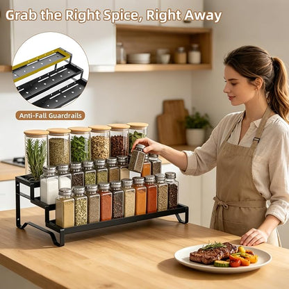 SANKEU Expandable Spice Rack Organizer for Cabinet 3 Tiered Metal Seasoning Organization with Guardrails Spice Shelf Storage for Jars Adjustable Length 13"-21" Black 1Pack