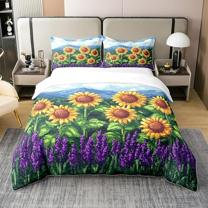Full Size Duvet Cover Set Sunflower 100% Pure Cotton Bedding Set Pixelated Style Comforter Cover 3 PCS Video Games Quilt Cover Luxury Soft,Comforter Not Included