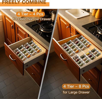 Spice Drawer Organizer, 4 Tier Clear Acrylic Drawer Seasoning Organizer Rack, Kitchen Seasoning Jars Drawers Insert, Expandable 11" to 22" Spice Rack Tray for Cabinet/Countertop (Jars Not Included)