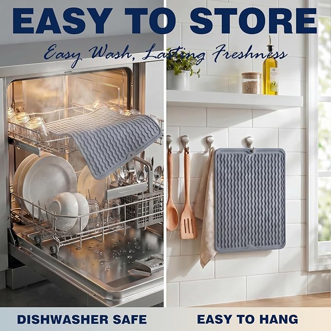 2 Pack Caketime Silicone Dish Drying Mat for Kitchen Counter Waterproof Place mats Sink Protector Stove Top Organizer Appliance Storage Vanity Trays Dryer Rack Drainers Items 15"x11.5" Beige