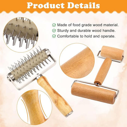 2Pcs Pizza Dough Roller & Dough Docker, Wood Rolling Pin Stainless Steel Dough Hole Puncher for Pizza, Pie, Pastry, Bread, Pasta, Cookie, Crust, burlywood, JKUS20407