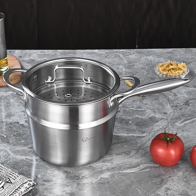 LOLYKITCH 3 Quart Stainless Steel Saucepan with Steamer & Glass Lid, Tri-Ply Whole-Clad Steaming Pot for Cooking, Induction Steamer Sauce Pot for Tamales Seafood Vegetables Dumplings, Thick