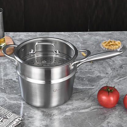 LOLYKITCH 3 Quart Stainless Steel Saucepan with Steamer & Glass Lid, Tri-Ply Whole-Clad Steaming Pot for Cooking, Induction Steamer Sauce Pot for Tamales Seafood Vegetables Dumplings, Thick