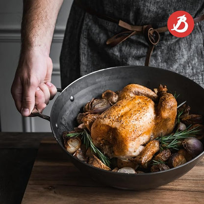 de Buyer MINERAL B Carbon Steel Country Fry Pan with 2 Handles - 12.5” Diameter, 8.9” Cooking Surface - Ideal for Sauteing, Simmering, Deep & Stir Frying - Naturally Non-Stick Finish - Made in France