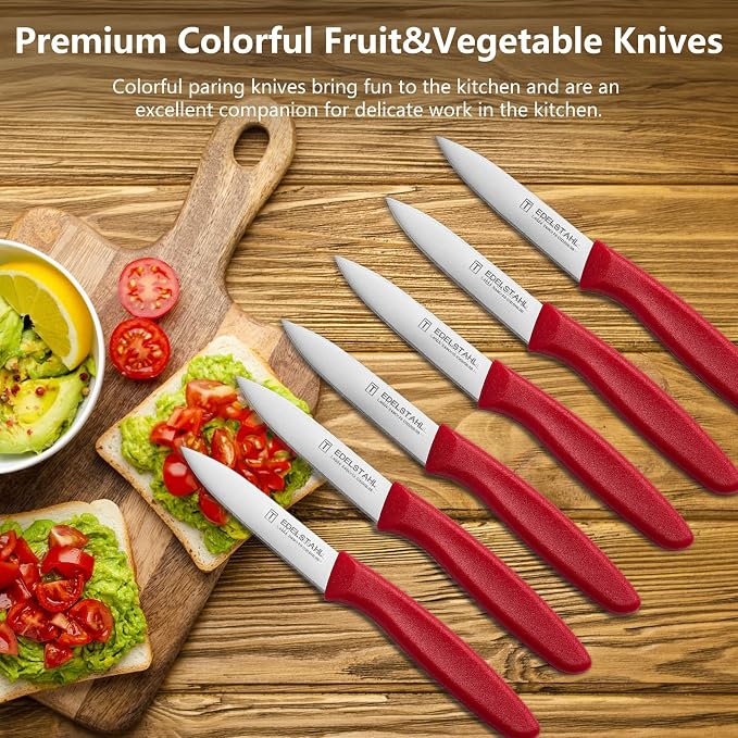 Paring Knives with Straight Edge,Spear Point,Stainless Steel Paring Knife Set of 6,Sharp Small Kitchen Knife for Cutting Vegetable&Fruit,Ergonomic Paring Knife,Red Peeling Knifes