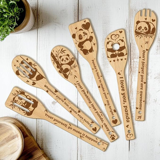 CUTHOLLOW 6PCS Pandas and Bamboo Wooden Kitchen Cooking Utensil Set, 11.9in Non Toxic Bamboo Wood Spoon Set for Cooking, Best Housewarming Birthday Thanksgiving Christmas Gift for Women Mother
