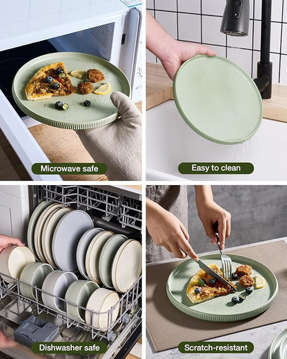 Famiware Star 16-Piece Stoneware Dinnerware Sets for 4 - Shallow Pasta Bowls & Flat Plates, Modern Rustic Reactive Glaze Dishes, Chip & Scratch Resistant, Microwave & Dishwasher Safe, Matte Sage Green